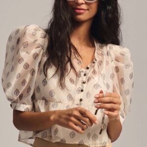 Anthropologie Cream Sheer Puff-Sleeve Peplum Blouse with Leaf Print size small